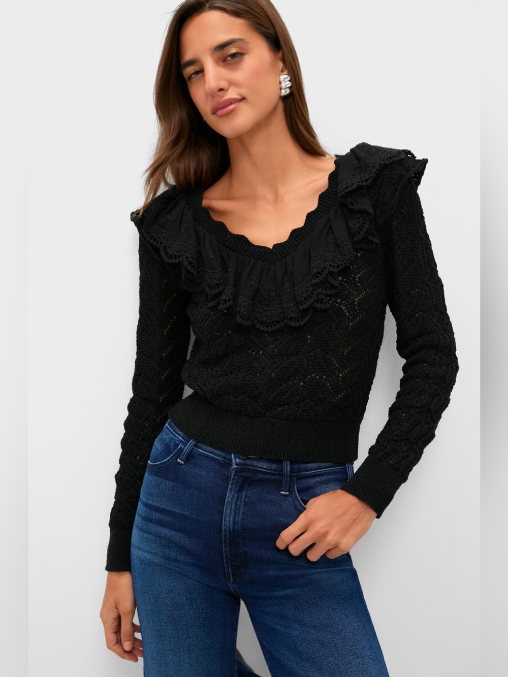 NEW TUCKERNUCK Hyacinth House Black Pointelle Knit Sherry Top Sweater Size Small